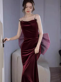 Sexy Mermaid Straps Velvet Burgundy Long Prom Dresses HZ1024