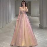 Sexy A Line Off The Shoulder Pink Tulle Long Prom Dresses HZ1024