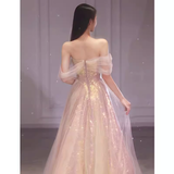 Sexy A Line Off The Shoulder Pink Tulle Long Prom Dresses HZ1024