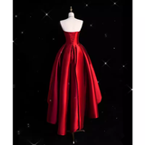 Sexy High Low Strapless Satin Burgundy Long Prom Dresses HZ1024