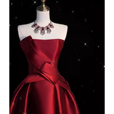 Sexy High Low Strapless Satin Burgundy Long Prom Dresses HZ1024