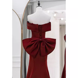 Sexy Mermaid Off The Shoulder Satin Burgundy Long Prom Dresses With Bowknot HZ1024