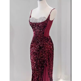 Sexy Mermaid Spaghetti Straps Sequin Burgundy Long Prom Dresses HZ1024