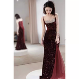Sexy Mermaid Spaghetti Straps Sequin Burgundy Long Prom Dresses HZ1024