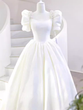 Fairytale A Line Short Sleeves Lace White Long Wedding Dresses HZ1024