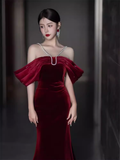 Sexy Mermaid Off The Shoulder Short Sleeves Velvet Burgundy Prom Dress HZ1024