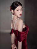 Sexy Mermaid Off The Shoulder Short Sleeves Velvet Burgundy Prom Dress HZ1024