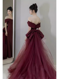 Sexy Mermaid Off The Shoulder Short Sleeves Burgundy Prom Dress Satin Birthday Outfits HZ1024