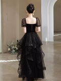 Sexy A Line Short Sleeves Black Prom Dress Tulle Birthday Outfits HZ1024