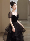 Sexy A Line Short Sleeves Black Prom Dress Tulle Birthday Outfits HZ1024