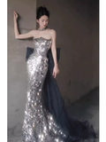 Shiny Memaid Strapless Sequin Prom Dress Long Silver Evening Dress HZ1024