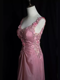 Vintage Mermaid V neckline Sleeveless Pink Long Prom Dresses HZ1024