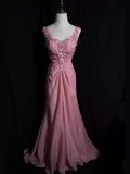 Vintage Mermaid V neckline Sleeveless Pink Long Prom Dresses HZ1024