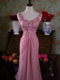 Vintage Mermaid V neckline Sleeveless Pink Long Prom Dresses HZ1024