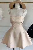 Simple Spaghetti Straps Sleeveless Beaded Satin A-Line Mini Homecoming Dress HZ1024
