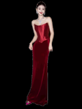 Simple A Line Strapless Wine Red Long Prom Dresses HZ1024