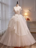 Modest Ball Gown Off The Shoulder Short Sleeves White Tulle Long Prom Dress HZ1024