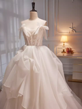 Modest Ball Gown Off The Shoulder Short Sleeves White Tulle Long Prom Dress HZ1024