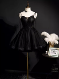 Modest Ball Gown Spaghetti Straps Black Tulle Birthday Outfits Homecoming Dress HZ1024