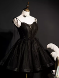 Modest Ball Gown Spaghetti Straps Black Tulle Birthday Outfits Homecoming Dress HZ1024