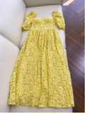 Sexy A Line Square Neckline Lace Yellow Long Prom Dresses HZ1024