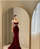 Simple Mermaid Burgundy Velvet Long Prom Dresses HZ1024