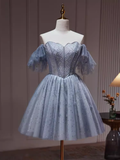 Sexy A line Off The Shoulder Tulle Gray Blue Homecoming Dresses HZ1024