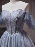 Sexy A line Off The Shoulder Tulle Gray Blue Homecoming Dresses HZ1024