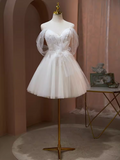 Sexy A line Off The Shoulder Tulle White Short Homecoming Dresses HZ1024