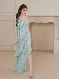 Simple A Line Spaghetti Straps Sleeveless Slit Chiffon Prom Dress HZ1024