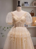 Fairytale A Line V neckline Short Sleeves Tulle Long Prom Dress HZ1024