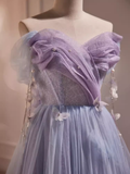 Fairytale A Line Off The Shoulder Short Sleeves Tulle Long Prom Dress HZ1024