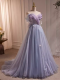 Fairytale A Line Off The Shoulder Short Sleeves Tulle Long Prom Dress HZ1024