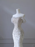 Elegant Mermaid Off The Shoulder White Long Tulle Wedding Dresses With Beads HZ1024