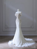 Elegant Mermaid Off The Shoulder White Long Tulle Wedding Dresses With Beads HZ1024