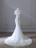 Elegant Mermaid Off The Shoulder White Long Tulle Wedding Dresses With Beads HZ1024