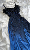 Elegant A Line Spaghetti Straps Navy Blue Chiffon Beads Long Prom Dresses Formal Dress HZ1024