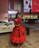 Pretty Ball Gown One Shoulder Red Tulle Ruffles Evening Dress Prom Dresses HZ1024