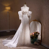 Luxury Mermaid Sweetheart Tulle Sequin White Wedding Dresses With Removable Bownot HZ1024