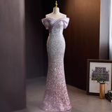 Sparkly Mermaid Off The Shoulder Sequin Lilac Long Prom Dresses HZ1024