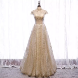 Sparkly A line High Neckline Sequin Gold Long Prom Dresses HZ1024