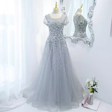 Sparkle A line Scoop Tulle Beads Long Gray Prom Dresses HZ1024