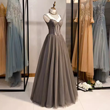 Simple A line Spaghetti Straps Tulle Beads Long Prom Dresses HZ1024