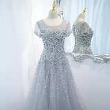 Sparkle A line Scoop Tulle Beads Long Gray Prom Dresses HZ1024