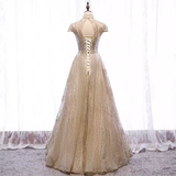 Sparkly A line High Neckline Sequin Gold Long Prom Dresses HZ1024