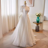 Beautiful A line High Neckline Lace White Wedding Dresses With Bownot HZ1024