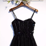 Sparkle A line StrapsTulle Beads Long Black Prom Dresses HZ1024