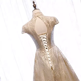 Sparkly A line High Neckline Sequin Gold Long Prom Dresses HZ1024