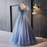 Sparkly A Line Blue Tulle Long Prom Dresses With Beads HZ1024