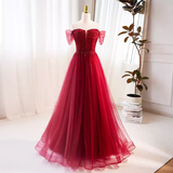 Modest A line Off The Shoulder Tulle Long Red Prom Dress HZ1024